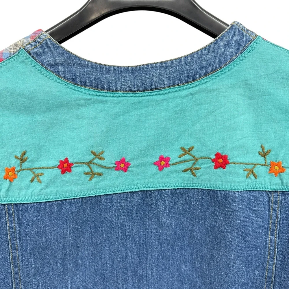 Vtg. Y2K Carole Little Floral Embroidered Denim Vest Western‎ Plaid Womens 14W